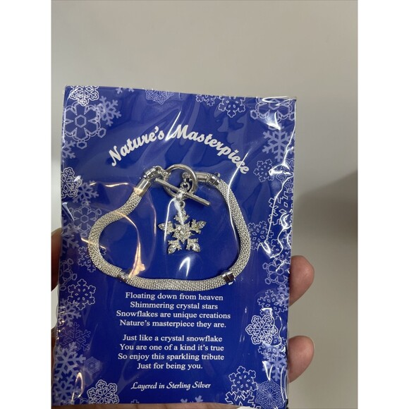 Natures Masterpiece Silver Mesh Chain Bracelet Rhinestone Snowflake Charm New - Picture 3 of 5